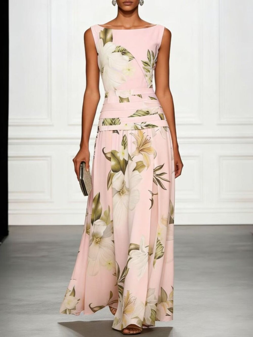 Women's Pink Floral Print Sleeveless V-Neck Maxi Dress – Backless Waist-Slimming